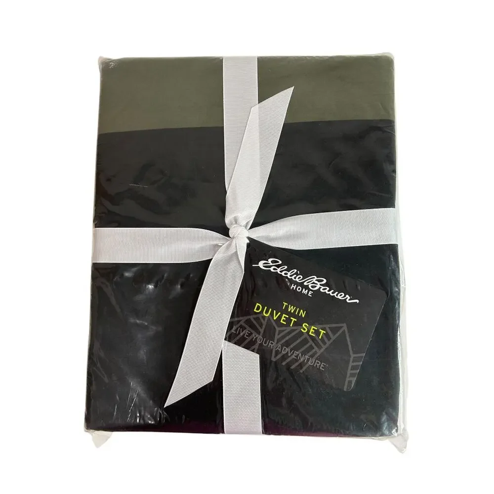 Eddie Bauer Twin Duvet Set Dark Olive Green Black Skyline Stripe